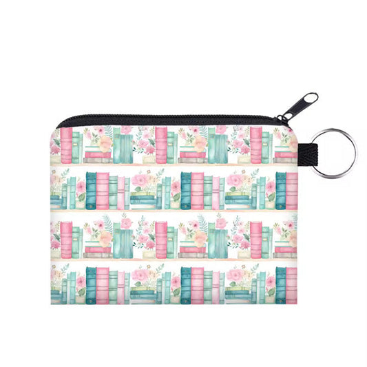 Mini Pouch - Books Blue Mint Pink Floral Shelves