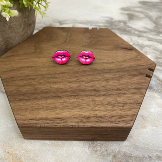Wooden Stud Earrings - Lips - #10