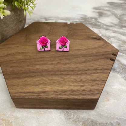 Wooden Stud Earrings - Rose Envelope - #9