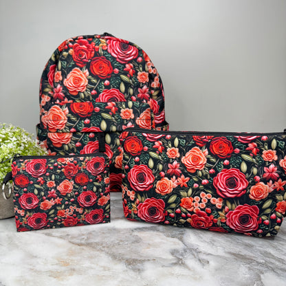 Mini Backpack, Pouch, & Mini Pouch Bundled Set - Embroidery Rose Floral