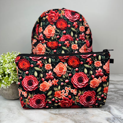 Mini Backpack, Pouch, & Mini Pouch Bundled Set - Embroidery Rose Floral