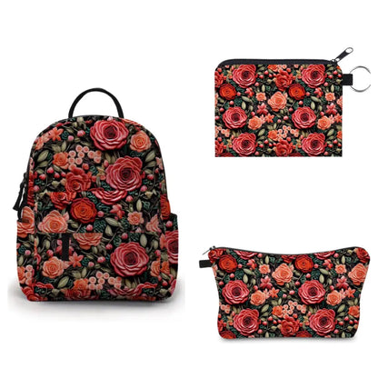 Mini Backpack, Pouch, & Mini Pouch Bundled Set - Embroidery Rose Floral